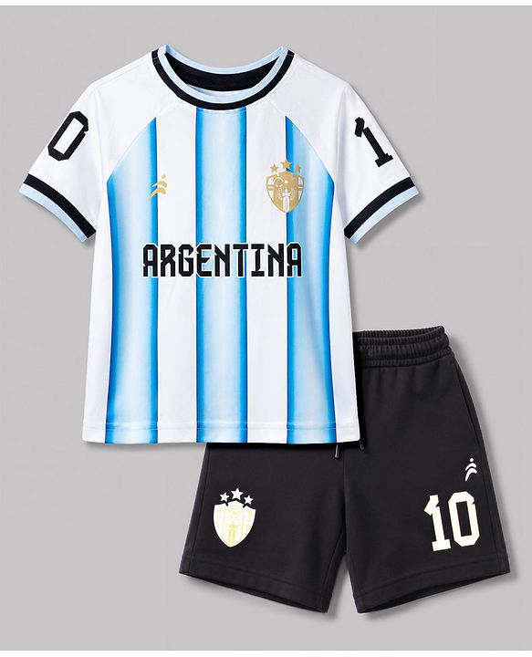 Pine Active Knit Half Sleeves T-Shirt & Shorts Football Set With Argentina Print - Multicolor