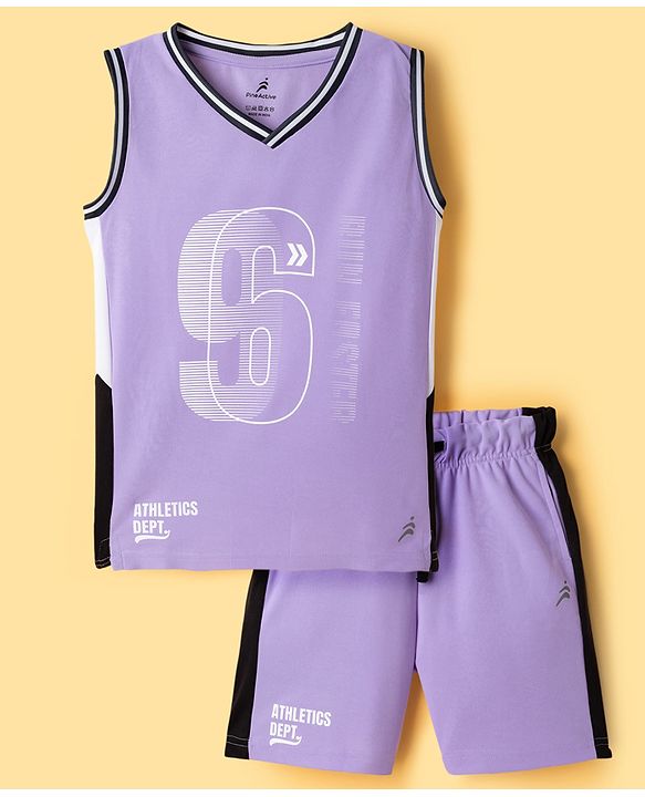 Pine Active Knit Sleeveless Tank T-Shirt & Shorts Set with Athletic Print - Lavender