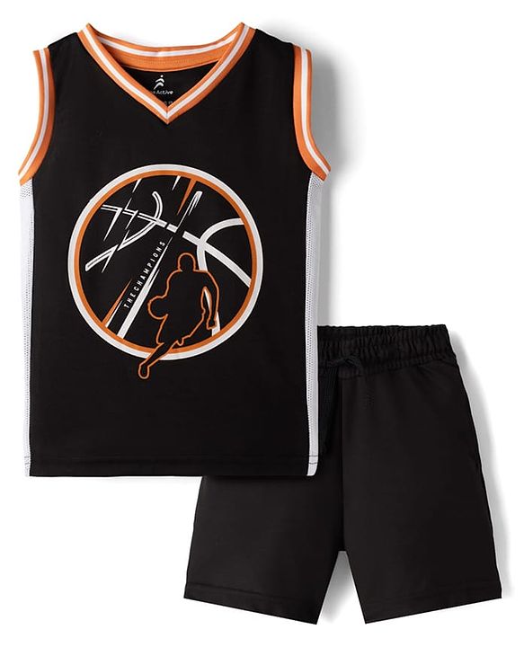 Pine Active Knit Sleeveless Sports Theme Printed Tank T-Shirt & Shorts Set - Black