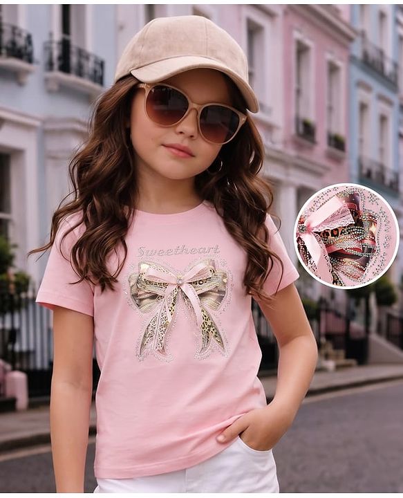 Pine Kids Cotton Knit T-Shirt with Sweetheart Bow Print Pink 4-5 Years