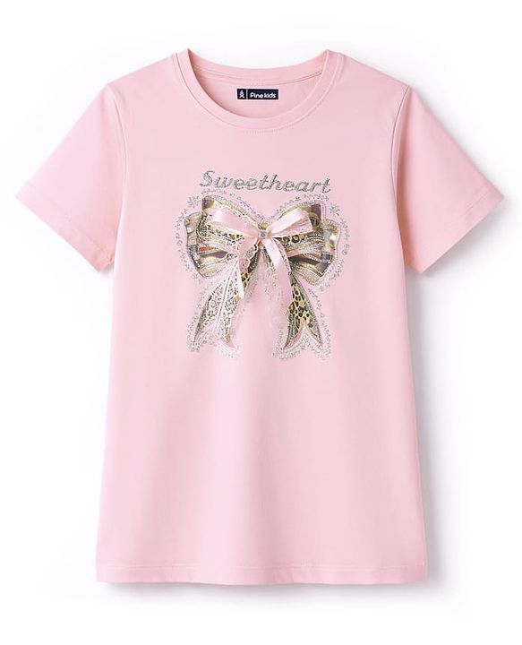 Pine Kids Cotton Knit T-Shirt with Sweetheart Bow Print Pink 4-5 Years