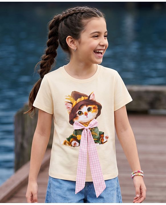 Pine Kids Cotton Knit T-Shirts Round Neck Short Sleeves Graphic Print Offwhite 4-5 Years
