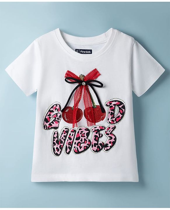 Pine Kids Cotton Knit Half Sleeves Embellished T-Shirt With Cherry Print & Applique Detailing - White