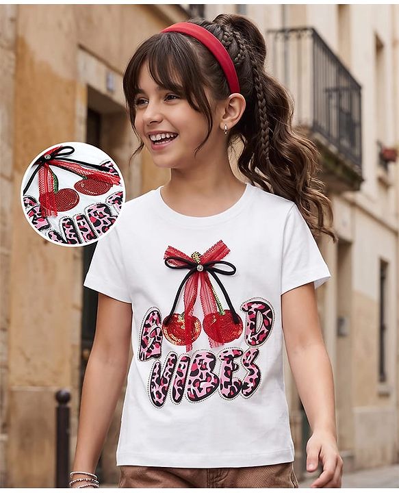Pine Kids Cotton Knit Half Sleeves Embellished T-Shirt With Cherry Print & Applique Detailing - White