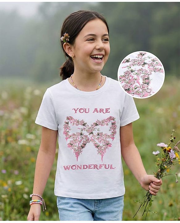 Pine Kids Cotton Knit Half Sleeves T-Shirt With Floral & Bow Print - White