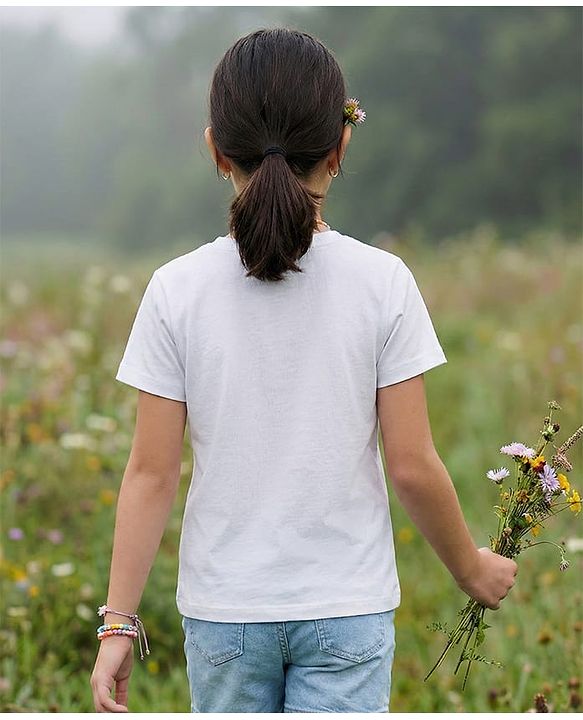 Pine Kids Cotton Knit Half Sleeves T-Shirt With Floral & Bow Print - White