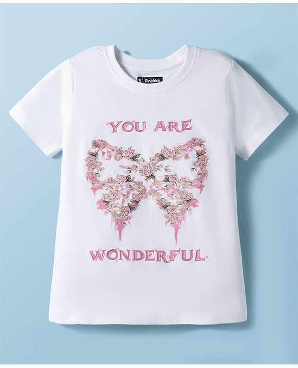 Pine Kids Cotton Knit Half Sleeves T-Shirt With Floral & Bow Print - White