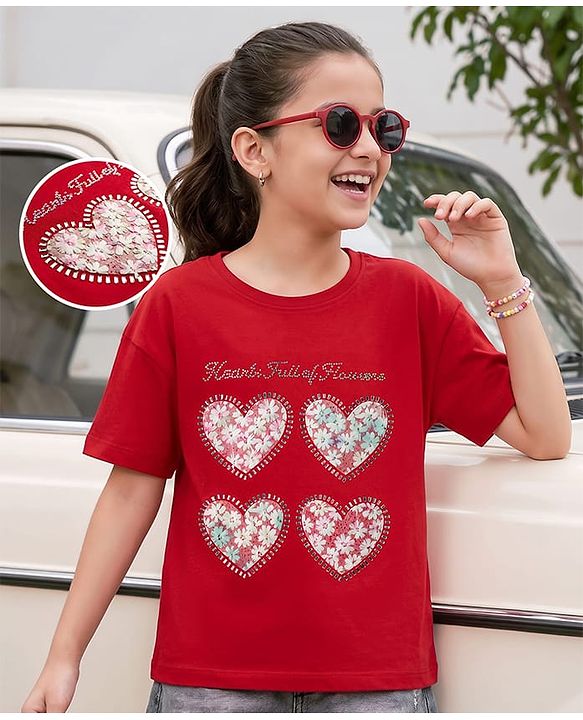 Pine Kids Cotton Knit T-Shirts Half Sleeves Round Neck Hearts Print Red 4-5 Years