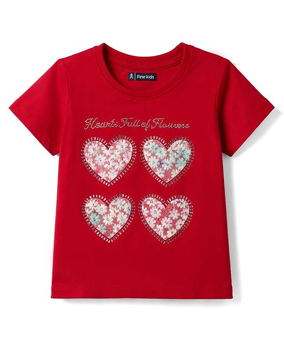 Pine Kids Cotton Knit T-Shirts Half Sleeves Round Neck Hearts Print Red 4-5 Years