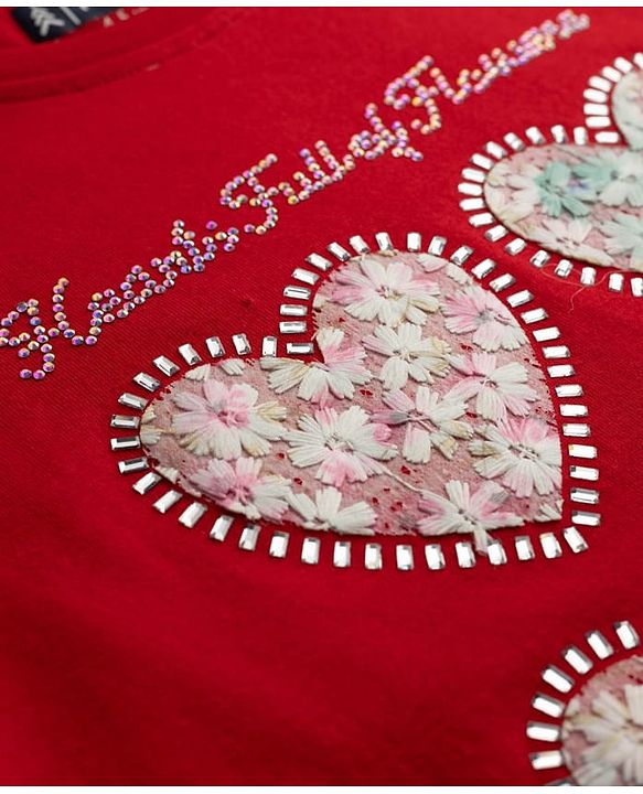 Pine Kids Cotton Knit T-Shirts Half Sleeves Round Neck Hearts Print Red 4-5 Years