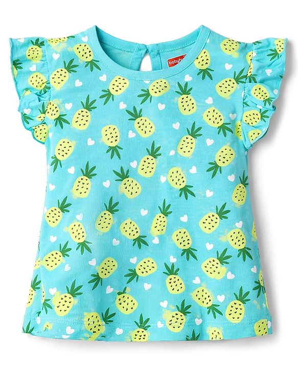 Babyhug Cotton Knit Half Sleeves T-Shirt & Shorts Co-ord Night Suit with Pineapple & Heart Print - Light Blue