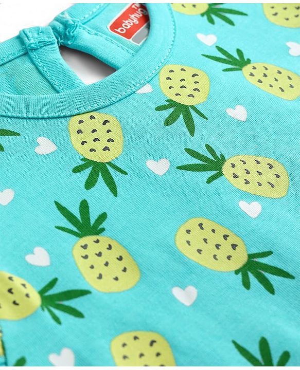 Babyhug Cotton Knit Half Sleeves T-Shirt & Shorts Co-ord Night Suit with Pineapple & Heart Print - Light Blue