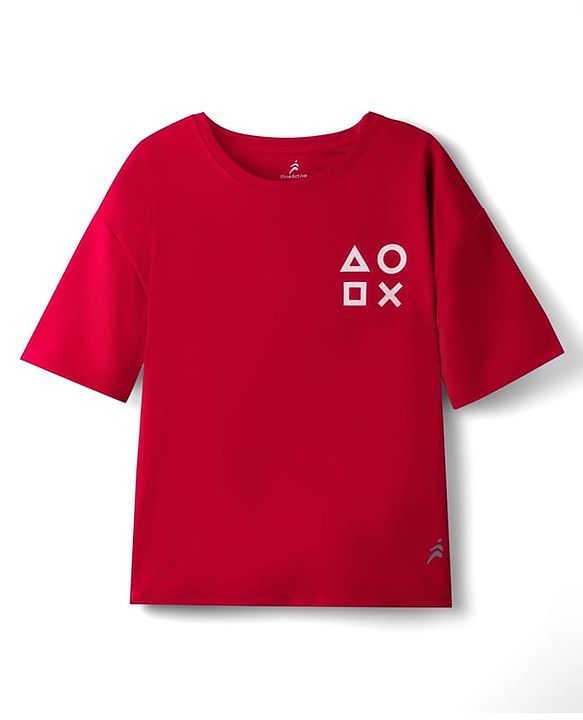 Pine Active Knit Drop Shoulder Half Sleeves Printed T-Shirt - Red