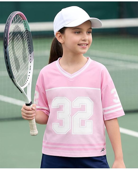 Pine Active Knit Drop Shoulder Sleeves T-Shirt With 32 Print - Pink