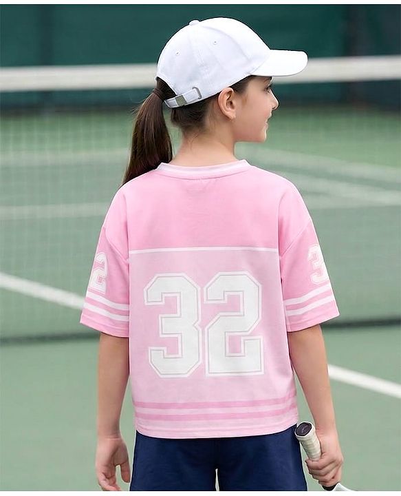 Pine Active Knit Drop Shoulder Sleeves T-Shirt With 32 Print - Pink
