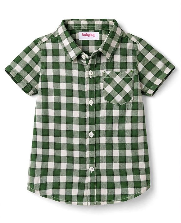 Babyhug Cotton Woven Half Sleeves Checks Shirt & Denim Shorts Set - Green & Blue