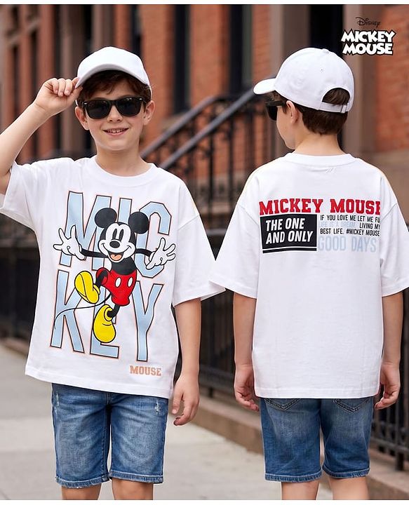 Pine Kids Disney Single Jersey Knit Half Sleeves T-Shirt With Front & Back Mickey Mouse Graphics - White