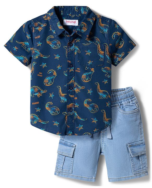 Babyhug Cotton Woven Denim Half Sleeves Shirt & Shorts Set With Dino Print - Blue