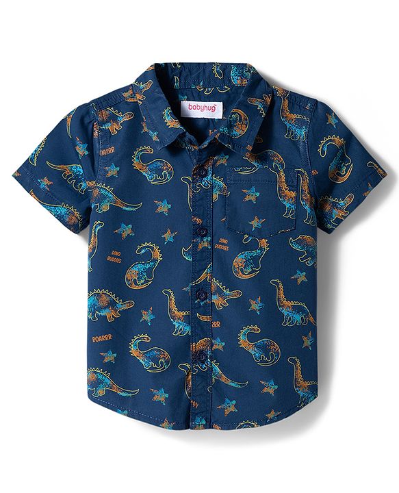 Babyhug Cotton Woven Denim Half Sleeves Shirt & Shorts Set With Dino Print - Blue