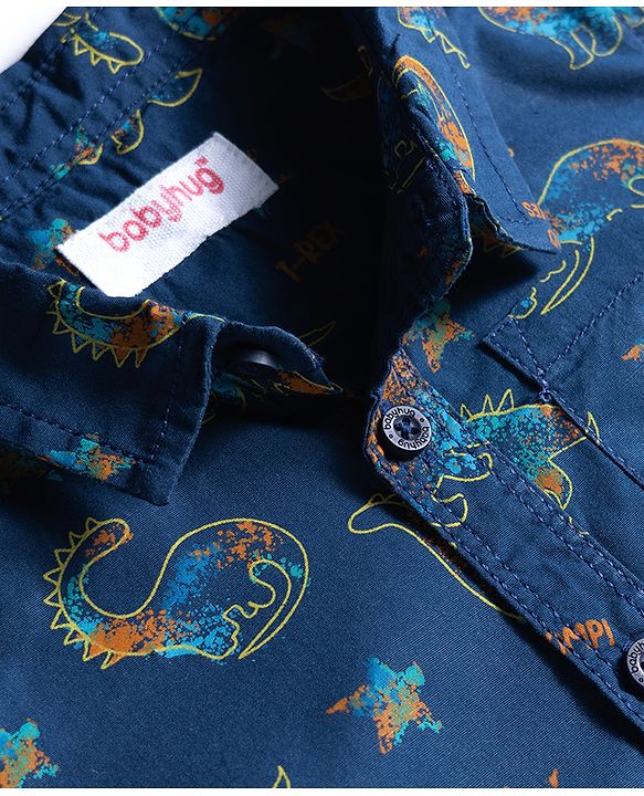 Babyhug Cotton Woven Denim Half Sleeves Shirt & Shorts Set With Dino Print - Blue