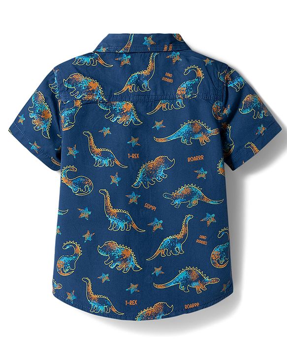 Babyhug Cotton Woven Denim Half Sleeves Shirt & Shorts Set With Dino Print - Blue
