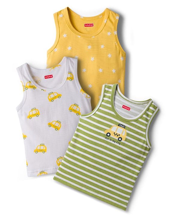 Babyhug 100% Cotton Knit Sleeveless Sando Vests With Taxi & Star Print Pack of 3 - Multicolor
