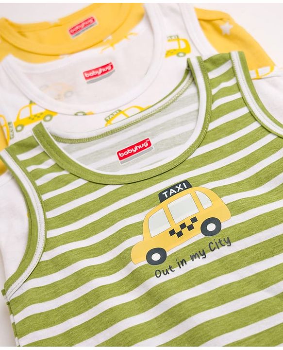 Babyhug 100% Cotton Knit Sleeveless Sando Vests With Taxi & Star Print Pack of 3 - Multicolor