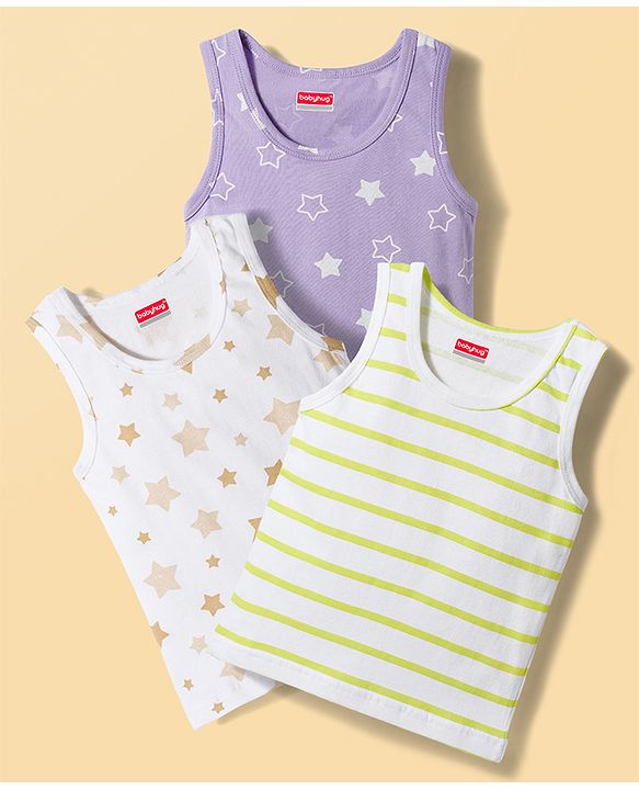 Babyhug 100% Cotton Knit Sleeveless Striped & Star Printed Sando Vests Pack of 3 - Multicolor