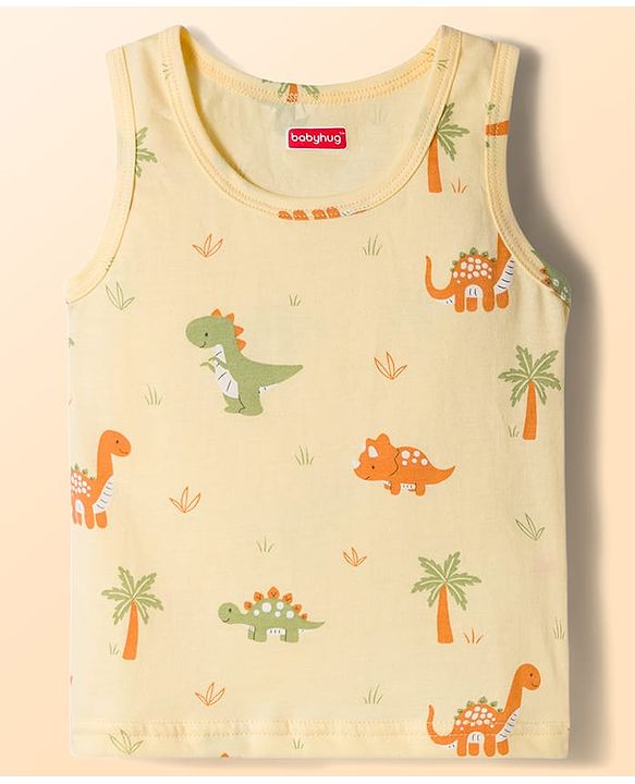 Babyhug Single Jersey 100% Cotton Striped & Dino Printed Sleeveless Sandos Pack of 3 - Multicolour