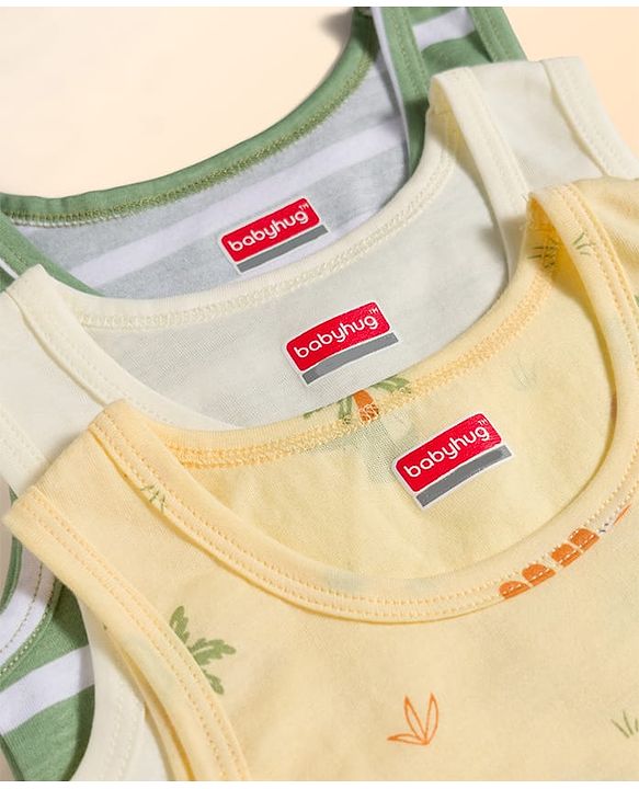Babyhug Single Jersey 100% Cotton Striped & Dino Printed Sleeveless Sandos Pack of 3 - Multicolour
