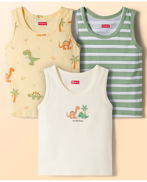 Babyhug Single Jersey 100% Cotton Striped & Dino Printed Sleeveless Sandos Pack of 3 - Multicolour