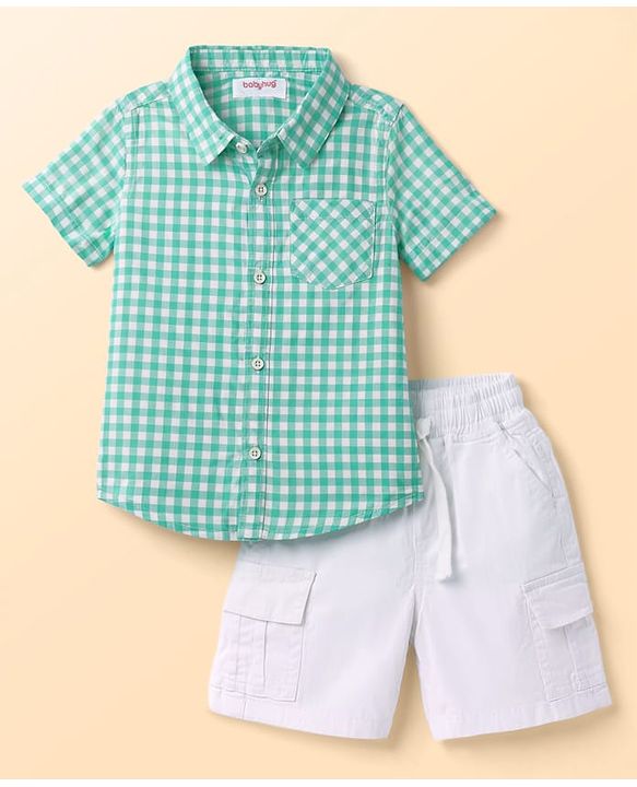 Babyhug Cotton Woven Half Sleeves Checks Shirt & Shorts Set - Green & White