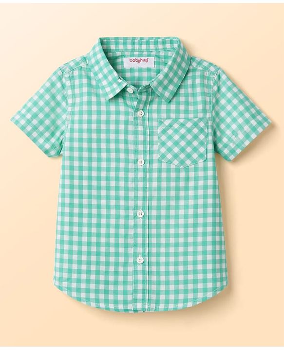 Babyhug Cotton Woven Half Sleeves Checks Shirt & Shorts Set - Green & White