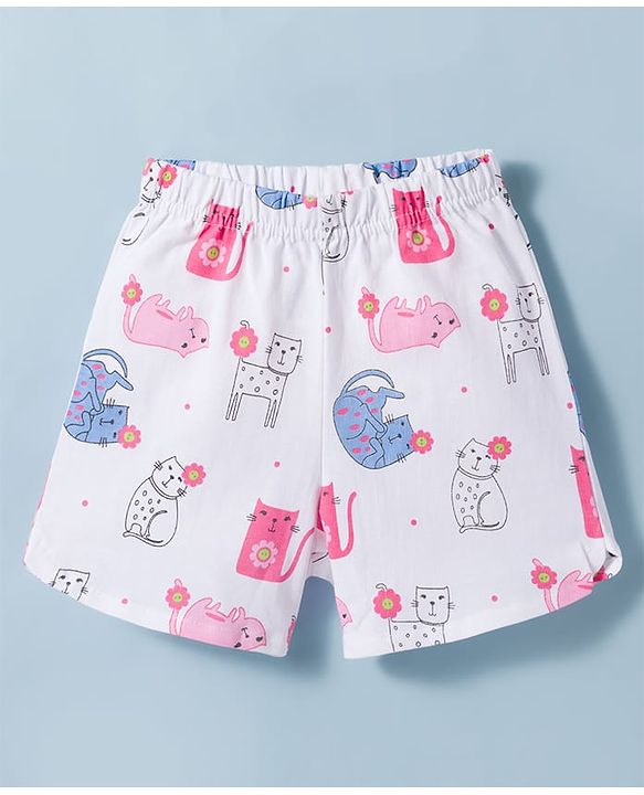 Babyhug Cotton Knit Full Sleeves T-Shirt & Shorts Night Suit With Cat Print - Cream