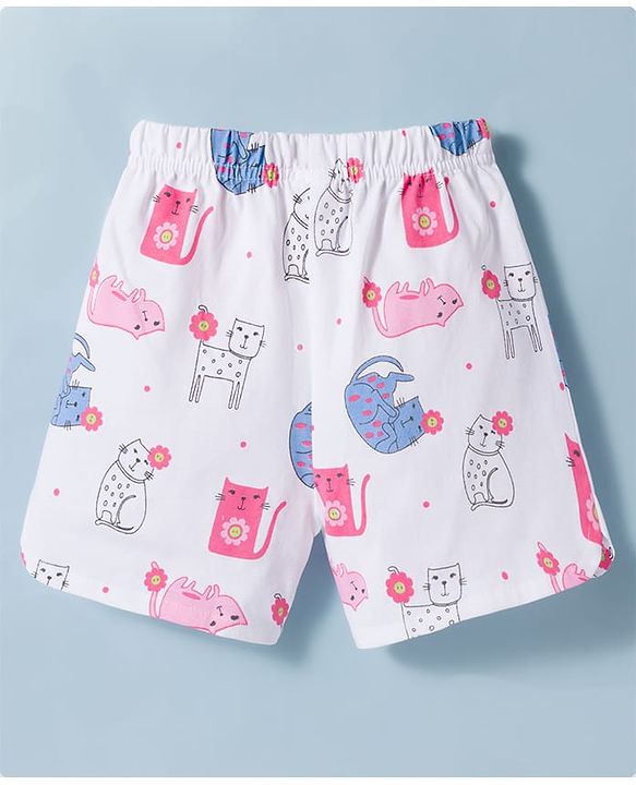 Babyhug Cotton Knit Full Sleeves T-Shirt & Shorts Night Suit With Cat Print - Cream