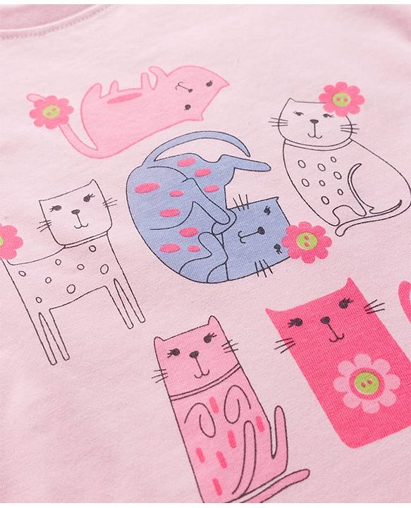 Babyhug Cotton Knit Full Sleeves T-Shirt & Shorts Night Suit With Cat Print - Cream