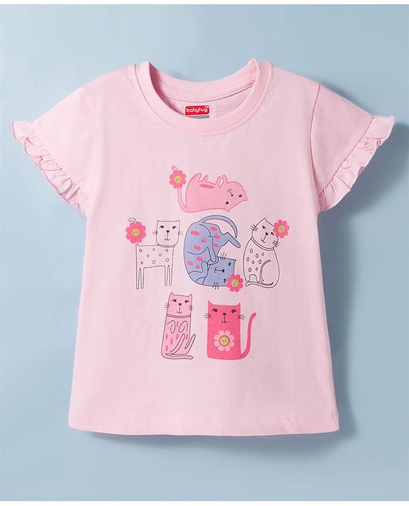 Babyhug Cotton Knit Full Sleeves T-Shirt & Shorts Night Suit With Cat Print - Cream