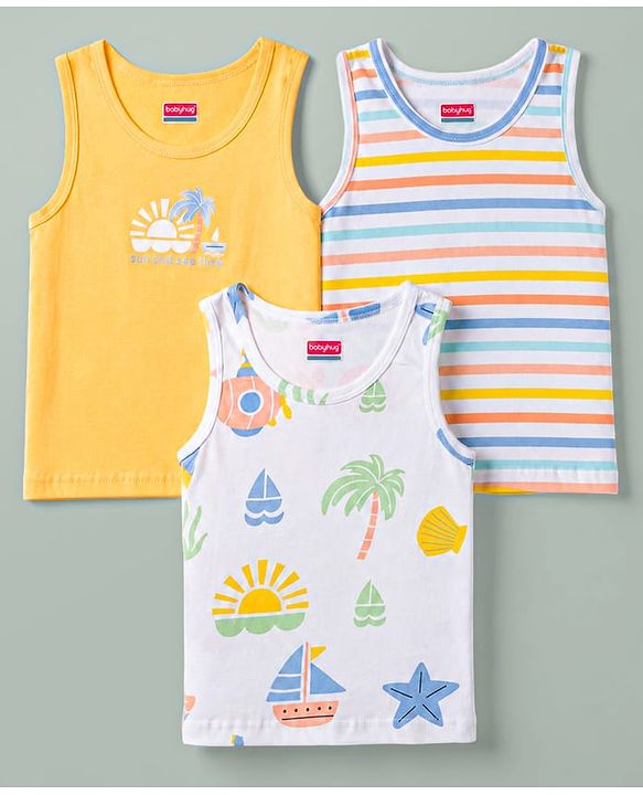 Babyhug 100% Cotton Knit Sleeveless Striped & Nautical Theme Printed Sando Vests Pack Of 3 - Multicolor