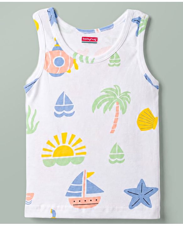 Babyhug 100% Cotton Knit Sleeveless Striped & Nautical Theme Printed Sando Vests Pack Of 3 - Multicolor