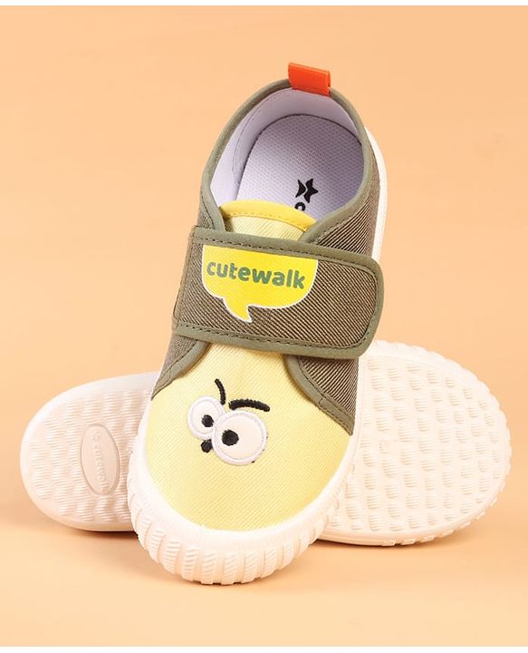 Cute Walk by Babyhug Velcro Closure Casual Shoes with Embroidery Detailing & Text Print - Yellow