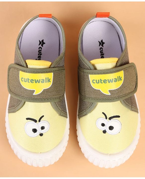 Cute Walk by Babyhug Velcro Closure Casual Shoes with Embroidery Detailing & Text Print - Yellow