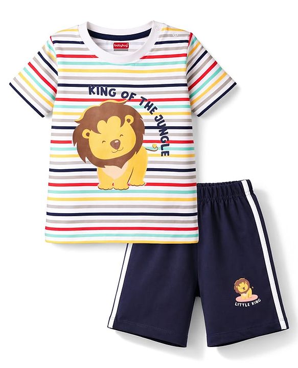 Babyhug Cotton Knit Half Sleeves T-Shirt & Shorts Night Suit with Lion Print - White