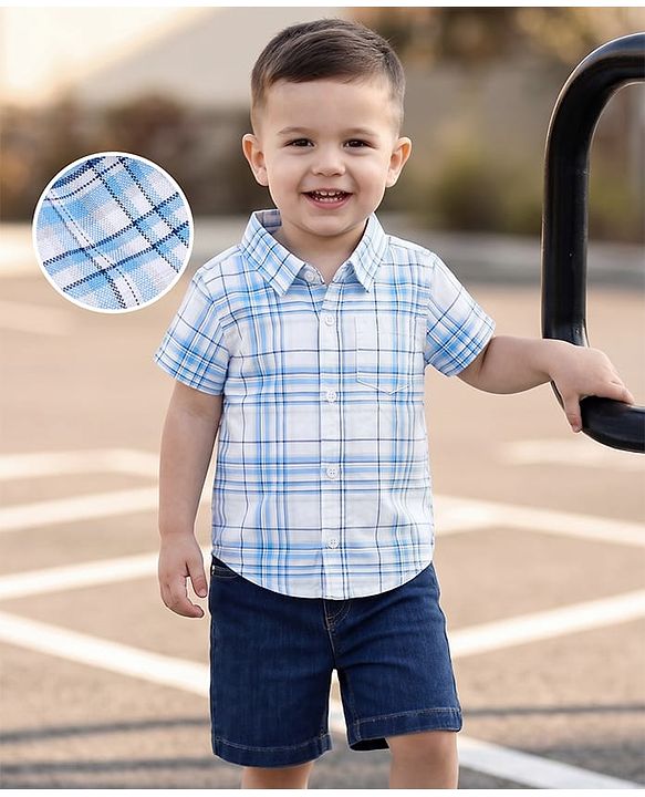 Babyhug Cotton Woven Half Sleeves Checked Shirt & Denim Shorts Set - Navy Blue