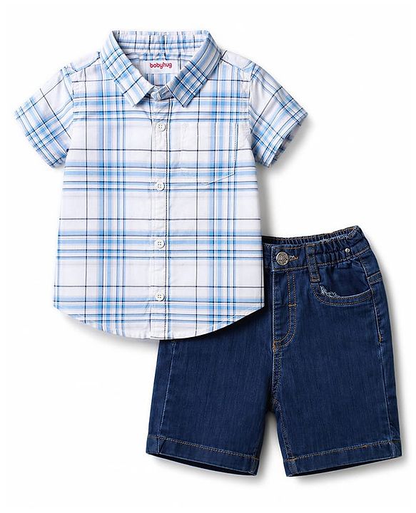 Babyhug Cotton Woven Half Sleeves Checked Shirt & Denim Shorts Set - Navy Blue