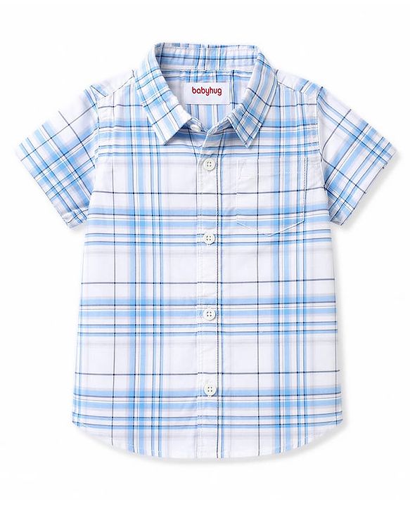 Babyhug Cotton Woven Half Sleeves Checked Shirt & Denim Shorts Set - Navy Blue