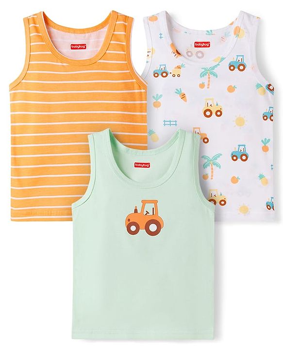 Babyhug 100% Cotton Knit Sleeveless Striped & Tractor Printed Vests Pack of 3 - Multicolor