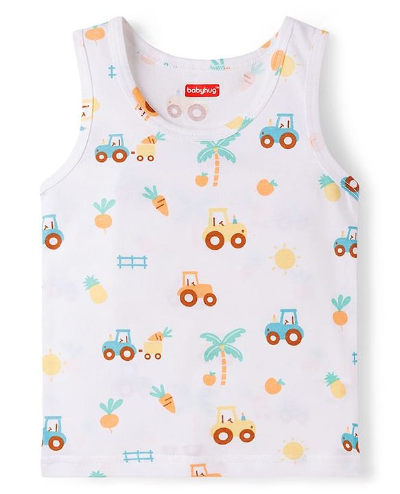 Babyhug 100% Cotton Knit Sleeveless Striped & Tractor Printed Vests Pack of 3 - Multicolor