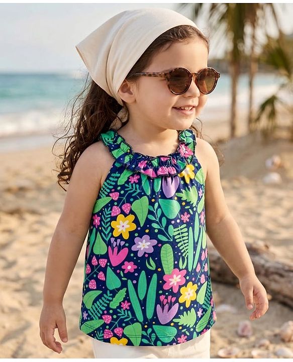 Babyhug 100% Cotton Knit Sleeveless Floral Printed Top - Multicolour