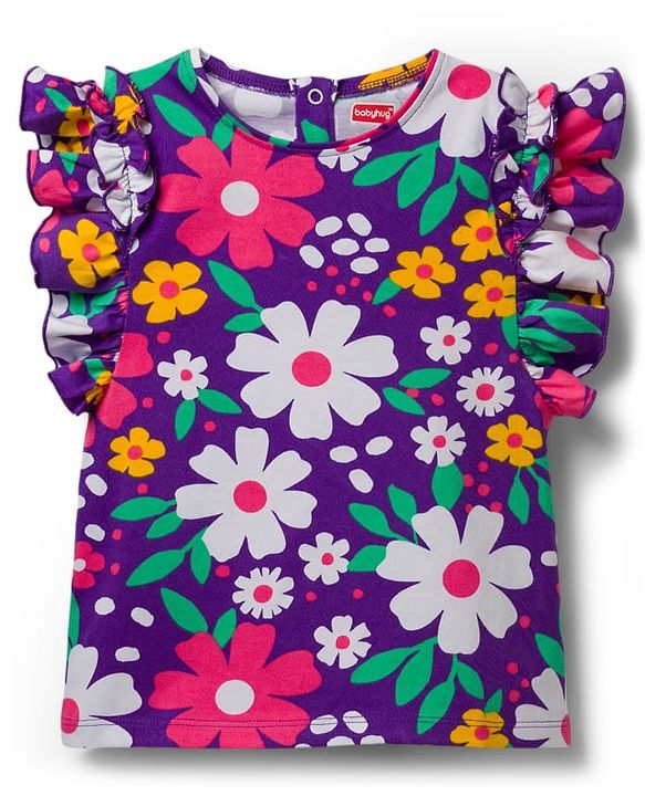 Babyhug Cotton Knit Frill Sleeves Top with Floral Print - Multicolor