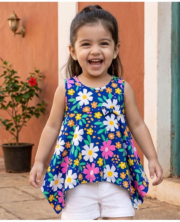Babyhug Cotton Knit Sleeveless  Floral Printed Top - Multicolour